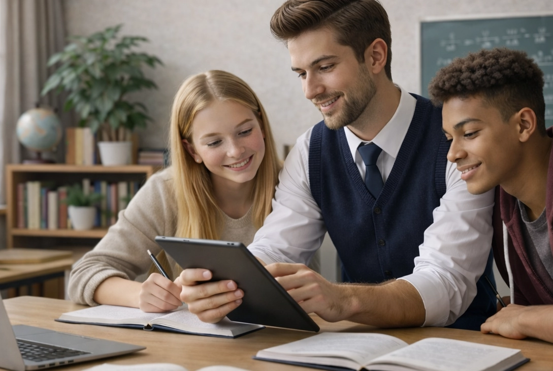 Teacher working with two students