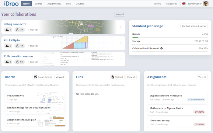 Dashboard home with collaboration sessions and quick access cards